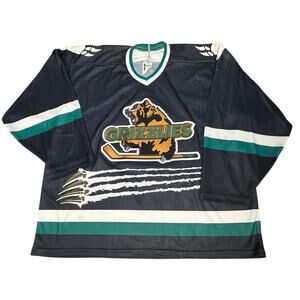 Vintage Bauer Grizzlies Hockey Jersey Mens Goalie Cut Made Canada Black Green